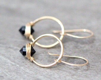 Gold Hoop Gemstone Point Earrings , Black Agate Hammered Dangle Earrings, Gold Filled, Rose Gold, Sterling Silver - Pike Hoops