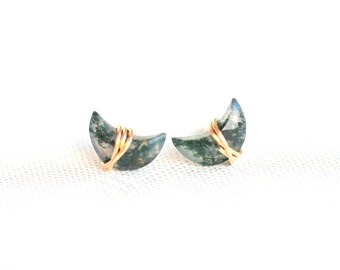 Crescent Moon Stud Earrings ,  Moss Agate Gemstone Post, Celestial Jewelry in Gold , Rose Gold , Sterling Silver , Wire Wrapped  -  Moonbeam