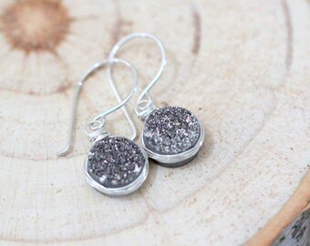 Druzy Drop Earrings, Gold Dangle Drusy, Rose, .925 Sterling Silver, Bezel Wrapped Sparkly Jewelry, Gifts Under 50