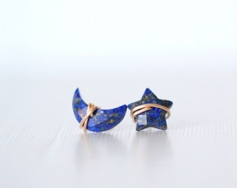 Lapis Lazuli Moon & Star Stud Earrings: Gold, Rose Gold, or Silver - Moonbeam + Stardust