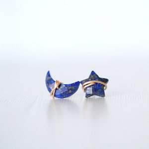 Moon Star Celestial Earrings , Lapis Lazuli Studs, Navy Crescent Post, Gold , Rose Gold , Sterling Silver -  Moonbeam & Stardust