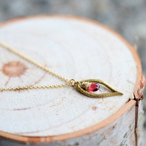 Garnet Gold Charm Necklace, January Birthstone Gift in 14k Gold Filled, Leaf Pendant, Bridesmaid Gift Ideas - Dew