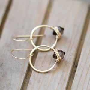 Smoky Quartz Hoop Earrings, Double Pointed Crystal Hammered Hoops, Gold Rose or Silver - Pike
