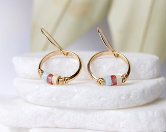 Jasper Gold Hoop Earrings , Aqua Beaded Thick Hoops in Gold,  Sterling Silver , Sea Sediment, Beach Boho - Drift