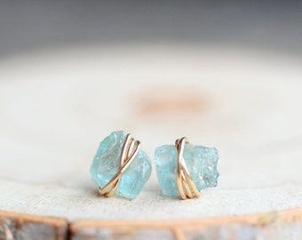 Raw Aquamarine Stud Earrings , Crystal Jewelry in Gold Filled, Rose Gold, Sterling Silver,  March Birthstone , Natural Gemstone - Comet