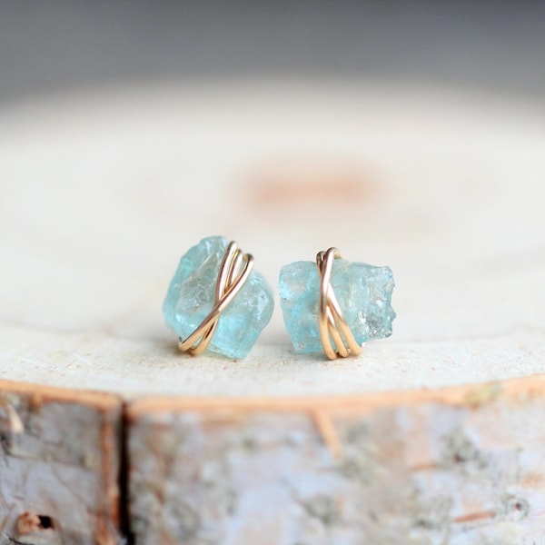 Raw Aquamarine Stud Earrings , Crystal Jewelry in Gold Filled, Rose Gold, Sterling Silver,  March Birthstone , Natural Gemstone - Comet
