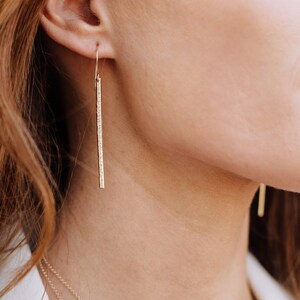 Gold Bar Earrings, Thin Long Hammered Stick Charms, Lightweight Statement Jewelry