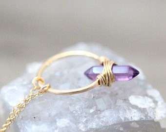 Amethyst Crystal Necklace , Hoop Gemstone Pendant In Gold , Rose , Sterling , Modern Boho Gifts , Double Pointed February Birthstone - Crest