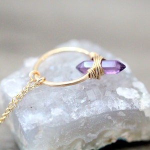 Amethyst Crystal Necklace , Hoop Gemstone Pendant In Gold , Rose , Sterling , Modern Boho Gifts , Double Pointed February Birthstone - Crest