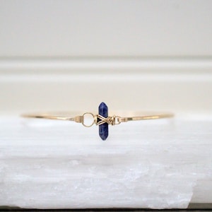 Sodalite Gold Bracelet, Double Crystal Point Bohemian Gemstone Bangle, Rose, .925 Sterling Silver, Hinge Clasp - Crest