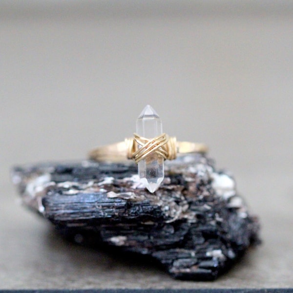 Crystal Quartz Ring in Gold , Pointed Stone Wire Wrapped Ring , Rose Gold , Sterling Silver , Boho Jewelry Gifts - Crest Ring