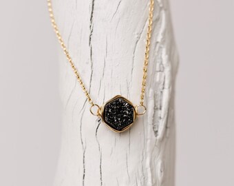 Black Druzy Necklace Floating Pendant , Hexagon Bezel Wrapped Choker, 14k Gold Filled, Rose, Sterling Silver, Minimalist Gifts For Her