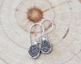 Druzy Silver Earrings, Gray Dangle Bezel Wrapped Oval Drops In 925 Sterling Silver, Grey Gifts For Her Under 50, Raw Stone Jewelry