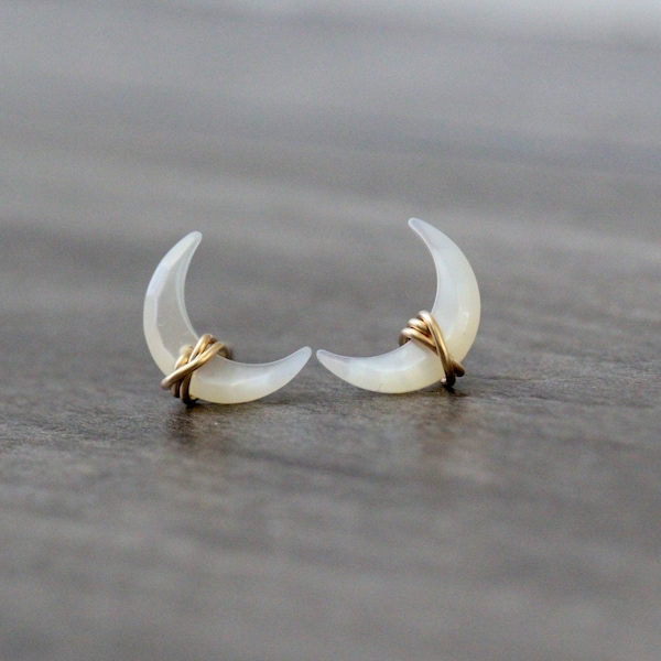 Crescent Moon Stud Earrings ,  Mother of Pearl Gemstone Post in Gold , Rose Gold , Sterling Silver , Wire Wrapped Ear Climber -  Moonbeam