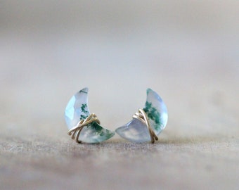 Crescent Moon Stud Earrings, Moss Agate Gemstone, Celestial Jewelry, Gold Rose Silver - Moonbeam