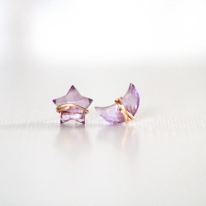 Amethyst Stud Earrings, Moon Star Celestial Jewelry, Choose Your Shapes - Moonbeam & Stardust