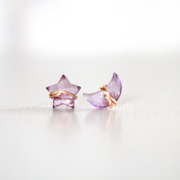Amethyst Stud Earrings, Moon Star Celestial Jewelry, 14k Gold Filled, Rose, Sterling Silver, Choose Your Pair Shapes - Moonbeam & Stardust