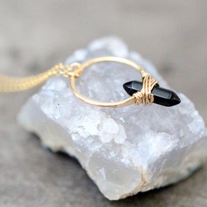 Obsidian Necklace Crystal Point Circle Hoop Pendant 14k Gold Filled, Rose, Sterling Silver, Bohemian Gemstone Jewelry - Crest