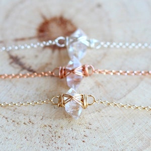 Herkimer Diamond Dainty Bracelet, Gold , Sterling Silver, Rose, April Birthstone, Crystal Raw Gemstone - Caged