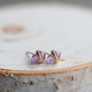 Amethyst Stud Earrings , Gold February Birthstone Pointed Studs, Rose , Sterling Silver , Boho Minimalist Geometric Natural Stone - Pike