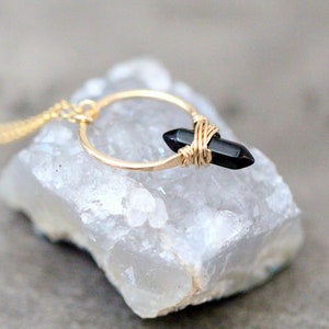 Obsidian Necklace, Crystal Point, Circle Hoop Pendant, Gold, Rose, Silver, Bohemian Gemstone Jewelry - Crest