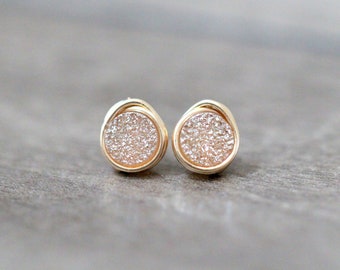 Champagne Druzy Earrings, Stud Earrings, Natural Drusy Gemstone, Gold, Rose Gold, Sterling Silver, Bridesmaid Jewelry - Micro Studs