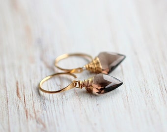 Smoky Quartz Huggie Hoops, Open Gold Gemstone Charm Earrings, Choose Size, Rose Gold Filled, Sterling Silver, Threader - Arrow