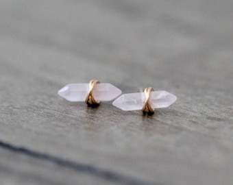Rose Quartz Stud Earrings, Gold Filled Crystal Double Point Studs, Rose Gold, .925 Sterling Silver, Bridesmaid Gift  - Crest