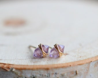 Amethyst Stud Earrings , Gold February Birthstone Pointed Studs, Rose , Sterling Silver , Boho Minimalist Geometric Natural Stone - Pike