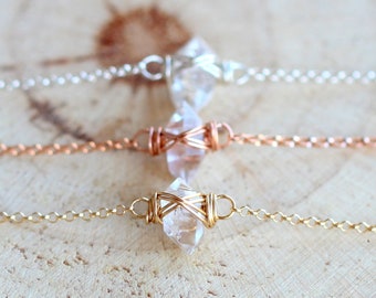 Herkimer-diamanten sierlijke armband, goud, sterlingzilver, roos, geboortesteen april, ruwe edelsteen kristal - gekooid