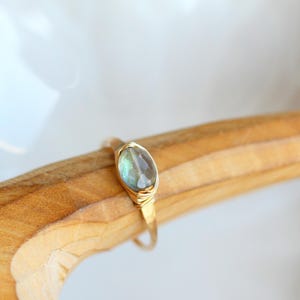 May include: A gold ring with a small, oval-shaped, iridescent gemstone. The ring is set on a wooden surface, with a white, leaf-shaped dish in the background. The ring's band is thin and delicate.
