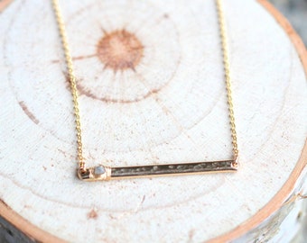 Raw Diamond Necklace, Tiny Diamond Bar, Gray Rough Diamond, April Birthstone Pendant, Gold Filled, Rose, Sterling Silver