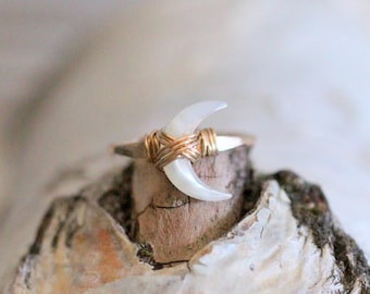 Moon Ring in Gold , Crescent Mother of Pearl Stone Wire Wrapped Ring , Rose Gold , Sterling Silver , Boho Jewelry Gifts - Moonbeam Ring