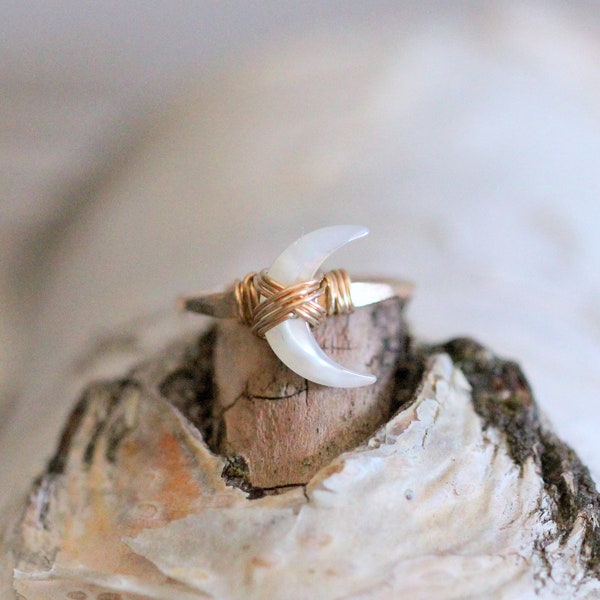 Moon Ring in Gold , Crescent Mother of Pearl Stone Wire Wrapped Ring , Rose Gold , Sterling Silver , Boho Jewelry Gifts - Moonbeam Ring