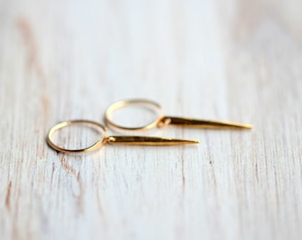 Spike Huggie Hoop Earrings, Gold Open Threader, Edgy Needle , Rose Gold Filled, Sterling Silver, Dainty Hug Huggy - Quill