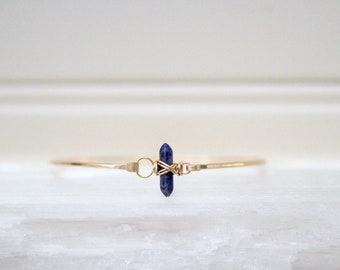 Sodalite Gold Bracelet, Double Crystal Point Bohemian Gemstone Bangle, Rose, .925 Sterling Silver, Hinge Clasp - Crest