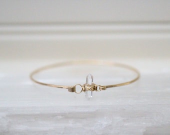 Bohemian Crystal Bracelet, Double Pointed Crystal Quartz Bangle, 14k Gold Filled, Rose, Sterling Silver, Boho Thin Bracelet - Crest