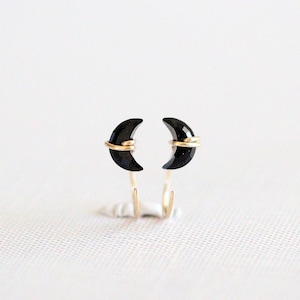 Black Moon Huggie Hoops, Tiny Agate Threader Earrings, Gold Rose Silver Celestial