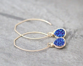 Druzy Dangle Gold Earrings , Ink Blue Quartz Linear Jewelry, 14k Gold Fill,  Rose , 925 Sterling Silver , Boho Jewelry - Long Druzy Drops