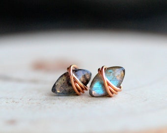 Labradorite Gold Studs , Point Stud Earrings , Rose Gold , Sterling Silver , Marquis Wire Wrapped Gemstone Boho Jewelry