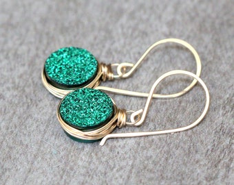 Druzy Dangle Gold Earrings , Emerald Green Crystal, St Patrick's Day Gifts, Rose Gold, Sterling Silver  -  Emerald City