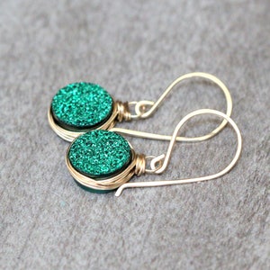 Druzy Dangle Gold Earrings , Emerald Green Crystal, St Patrick&#39;s Day Gifts, Rose Gold, Sterling Silver  -  Emerald City