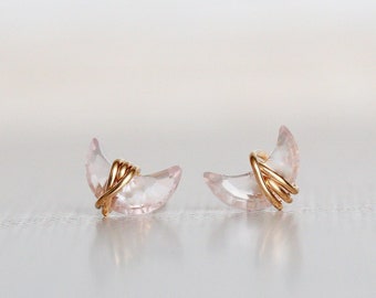 Tiny Moon Stud Earrings , Rose Quartz Dainty Celestial Crystal Jewelry Gold Wrapped , Rose , Sterling Silver  - Mini Moonbeam