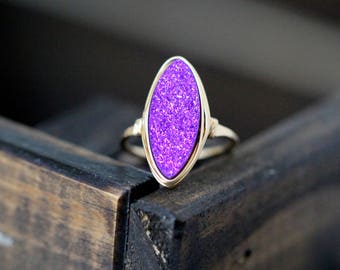 Druzy Statement Ring, Purple Raw Stone Marquise Gem, 14k Gold Filled, Rose, Sterling Silver, Large Gemstone - Mulberry