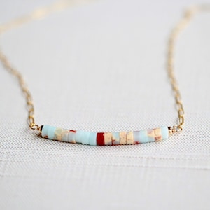 Jasper Beaded Bar Necklace,  Red White Blue Gemstones, Beachy Choker, Paperclip Chain - Drift