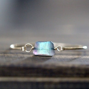 Labradorite Gold Bangle, Bohemian Bracelet, Rectangle Gemstone Statement Jewelry, Thin Hammered, Rose, Sterling Silver