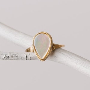Pearl Teardrop Gold Ring, Mother of Pearl Jewelry, Bezel Wrapped Stone, Rose or Silver