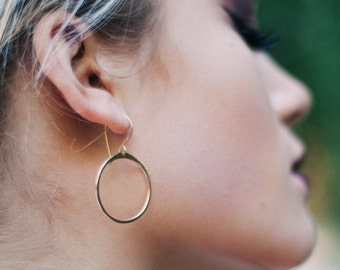 Gold Hoop Earrings , Everyday Dangle Hoops in 14k Gold Fill , Sterling Silver , Rose Gold , Hammered Circle Boho Jewelry - Rim