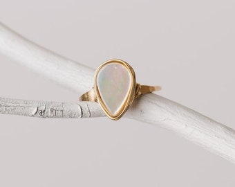 Pearl Teardrop Gold Ring, Mother of Pearl Jewelry, 14k Rose Gold Filled, Sterling Silver, Wire Wrapped White Stone Ring