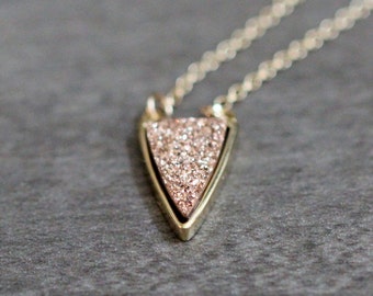 Druzy Triangle Necklace, Rose Gold Geometric Pendant, Dainty Bezel Pendant, Edgy Jewelry, Raw Gemstone - Finn ( As Seen On Quantico )